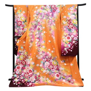仕立て上がり 振袖 銀通し 絹 牡丹 桜 菊 オレンジ［99,000円］