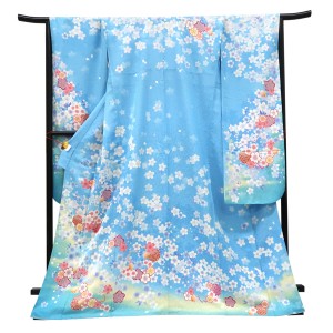仕立て上がり 振袖 正絹 桜 梅 雪輪 水色［99,000円］