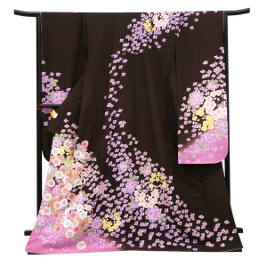仕立て上がり 振袖 正絹 雪輪 桜 紫陽花 焦げ茶色［99,000円］