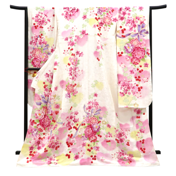 仕立て上がり 振袖 正絹 ハート 牡丹 桜 リボン さくらんぼ 白［99,000円］ 枚目
