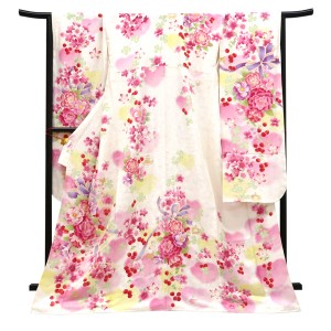 仕立て上がり 振袖 正絹 ハート 牡丹 桜 リボン さくらんぼ 白［99,000円］