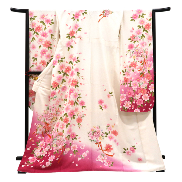 仕立て上がり 振袖 銀通し 絹 薬玉 ブーケ 桜 白×ピンク［99,000円］ 枚目