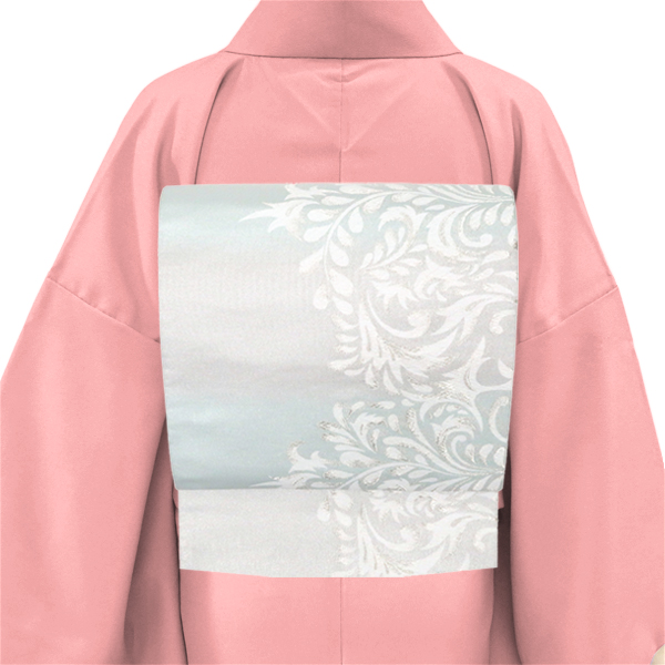 佐々木染織 袋帯 西陣織 絹 唐草 更紗 シルバー 水色［35,200円］ 枚目
