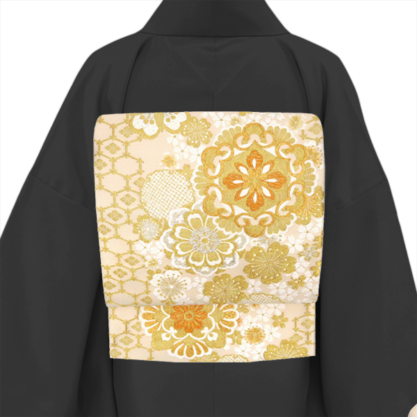 熊井機業店 振袖用袋帯 仕立て上がり 西陣織 絹 華文 桜 花亀甲 ベージュ 金［36,300円］ 枚目