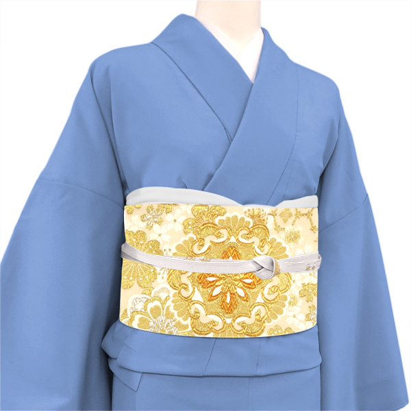 熊井機業店 振袖用袋帯 仕立て上がり 西陣織 絹 華文 桜 花亀甲 ベージュ 金［36,300円］ 枚目