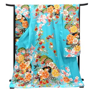 仕立て上がり 振袖 正絹 扇面 梅 松 橘 流水 ターコイズブルー［110,000円］