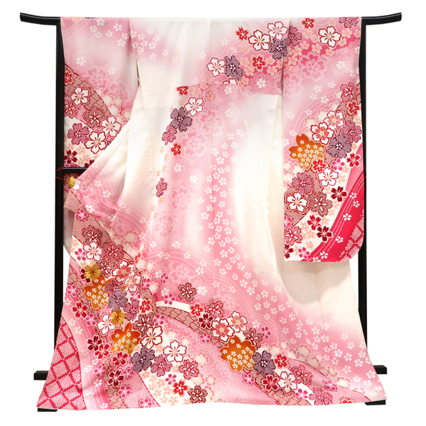 仕立て上がり 振袖 正絹 よろけ縞 桜 匹田 白×ピンク［110,000円］ 枚目