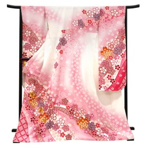 仕立て上がり 振袖 正絹 よろけ縞 桜 匹田 白×ピンク［110,000円］
