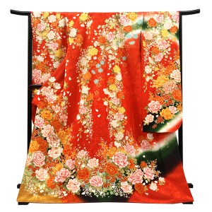 仕立て上がり 振袖 桂由美 正絹 牡丹 ラインストーン オレンジ［99,000円］