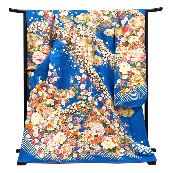 仕立て上がり 振袖 正絹 檜扇 牡丹 桜 梅 菊 光悦垣 流水 青［110,000円］ 枚目