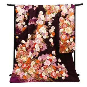 仕立て上がり 振袖 正絹 牡丹 鞠 桜 楓 橋 ボルドー［110,000円］