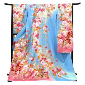仕立て上がり 振袖 銀通し 絹 桜 牡丹 水色×ピンク［99,000円］