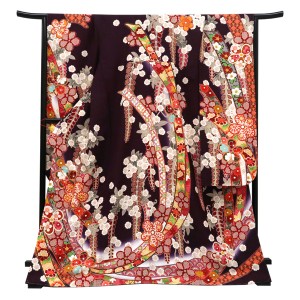 仕立て上がり 振袖 銀通し 絹 熨斗 梅 桜 藤 ボルドー［99,000円］