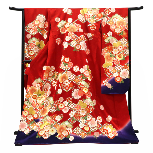 仕立て上がり 振袖 正絹 花七宝 松 梅 桜 菊 赤×紫［110,000円］ 枚目