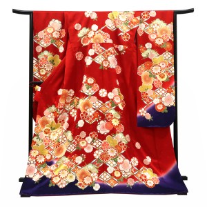 仕立て上がり 振袖 正絹 花七宝 松 梅 桜 菊 赤×紫［110,000円］