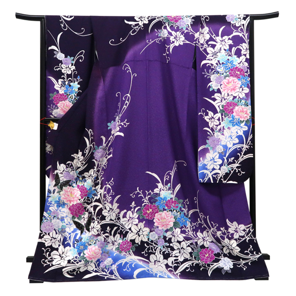仕立て上がり 振袖 銀通し 絹 牡丹 桜 百合 蝶 紫［99,000円］ 枚目