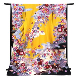 仕立て上がり 振袖 正絹 紅型調 道長取り 牡丹 桜 菊 流 黄色［110,000円］