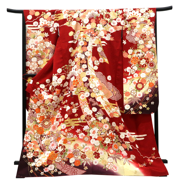 仕立て上がり 振袖 正絹 熨斗 扇面 雪輪 牡丹 菊 桜 赤［110,000円］ 枚目