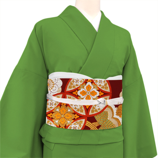 岡文織物 振袖用袋帯 西陣織 絹 七宝 松 梅 赤色［66,000円］ 枚目