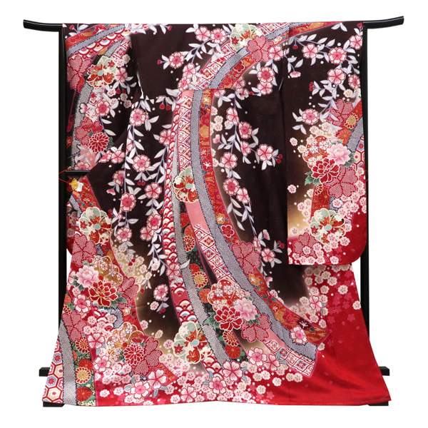 仕立て上がり 振袖 銀通し 絹 熨斗 牡丹 桜 焦げ茶×赤［110,000円］ 枚目