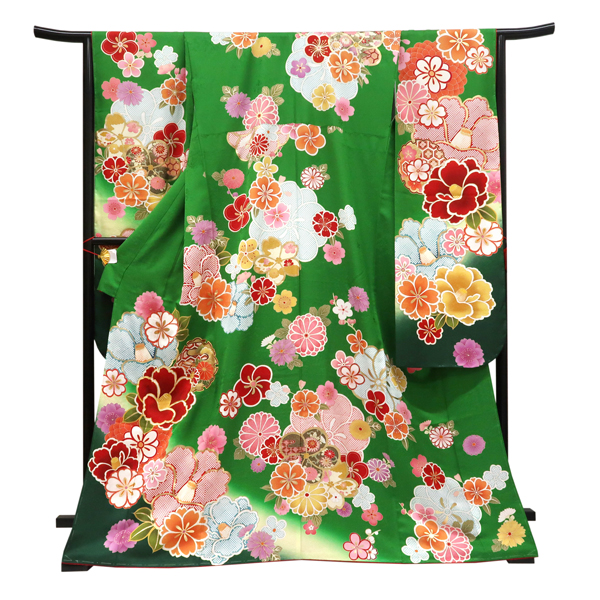仕立て上がり 振袖 正絹 椿 桜 雪輪 緑［110,000円］ 枚目