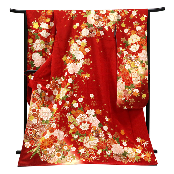 仕立て上がり 振袖 正絹 雪輪 牡丹 菊 桜 楓 赤［110,000円］ 枚目