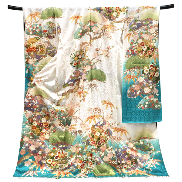 吉澤の友禅 振袖 正絹 雪輪 松竹梅 菊 牡丹 桜 四季花 白 水色［253,000円］ 枚目