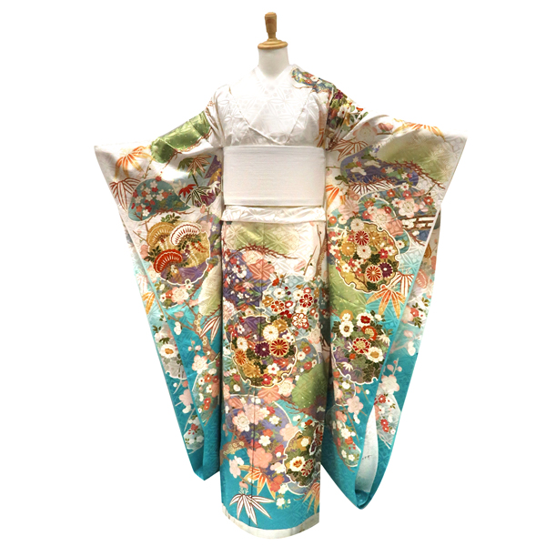 吉澤の友禅 振袖 正絹 雪輪 松竹梅 菊 牡丹 桜 四季花 白 水色［253,000円］ 枚目