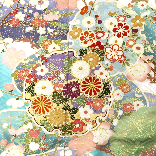 吉澤の友禅 振袖 正絹 雪輪 松竹梅 菊 牡丹 桜 四季花 白 水色［253,000円］ 枚目