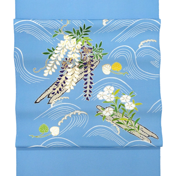 工芸キモノ野口 塩瀬名古屋帯 京友禅染め 正絹 波に花筏 水色［357,500円］ 枚目