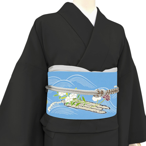 工芸キモノ野口 塩瀬名古屋帯 京友禅染め 正絹 波に花筏 水色［357,500円］ 枚目