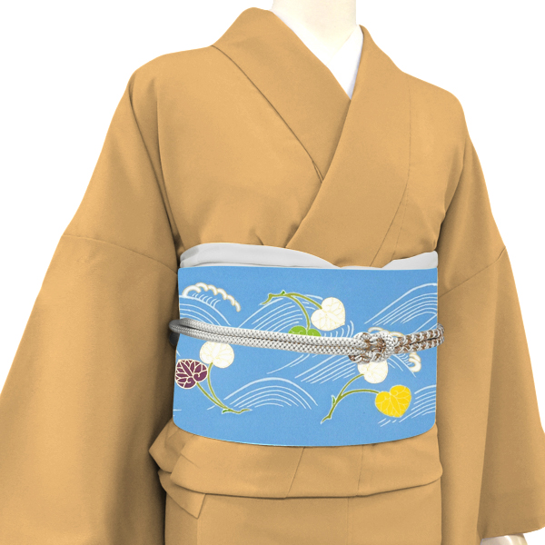 工芸キモノ野口 塩瀬名古屋帯 京友禅染め 正絹 波に花筏 水色［357,500円］ 枚目