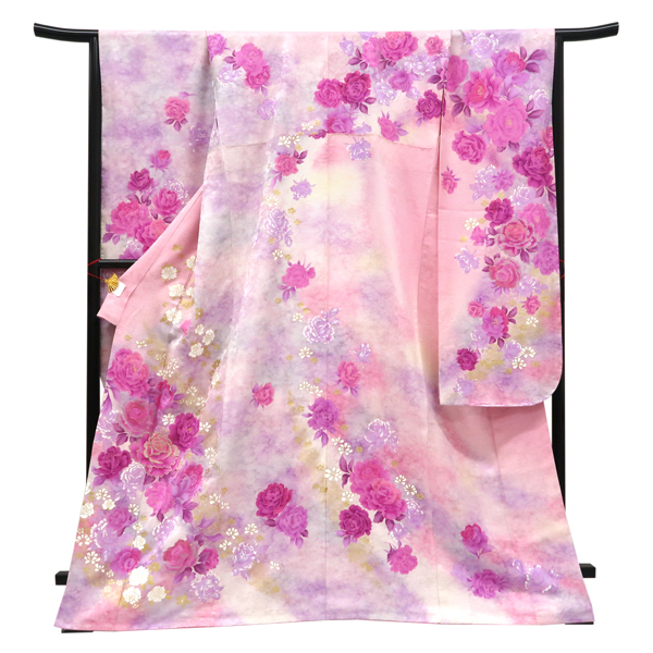 仕立て上がり 振袖 正絹 朧染め調 薔薇 ピンク×紫［99,000円］ 枚目