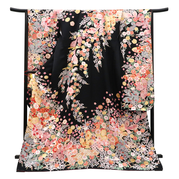 仕立て上がり 振袖 正絹 霞 葉っぱ 桜 秋草 黒［99,000円］ 枚目