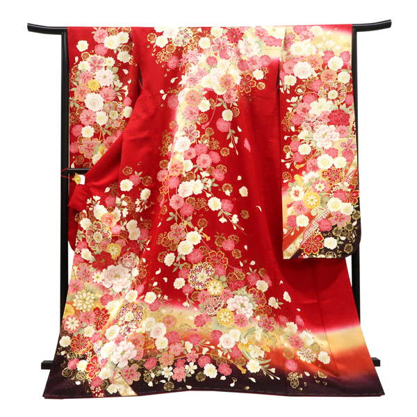 仕立て上がり 振袖 銀通し 絹 牡丹 桜 竹 毬 赤［99,000円］ 枚目