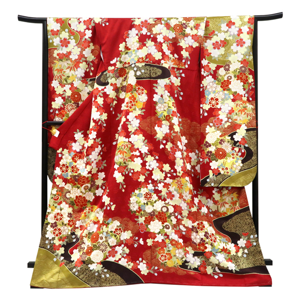 仕立て上がり 振袖 青柳 正絹 霞 花の丸 四季花 赤［110,000円］ 枚目