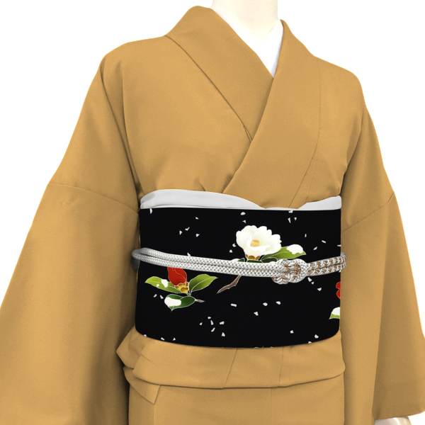 一富司 名古屋帯 京友禅 正絹 雪持ち椿 あられ 黒色［231,000円］ 枚目