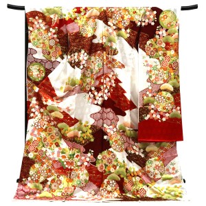 吉澤の友禅 振袖 正絹 花の丸 菊 桜 松 赤白［264,000円］