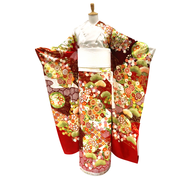 吉澤の友禅 振袖 正絹 花の丸 菊 桜 松 赤白［264,000円］ 枚目