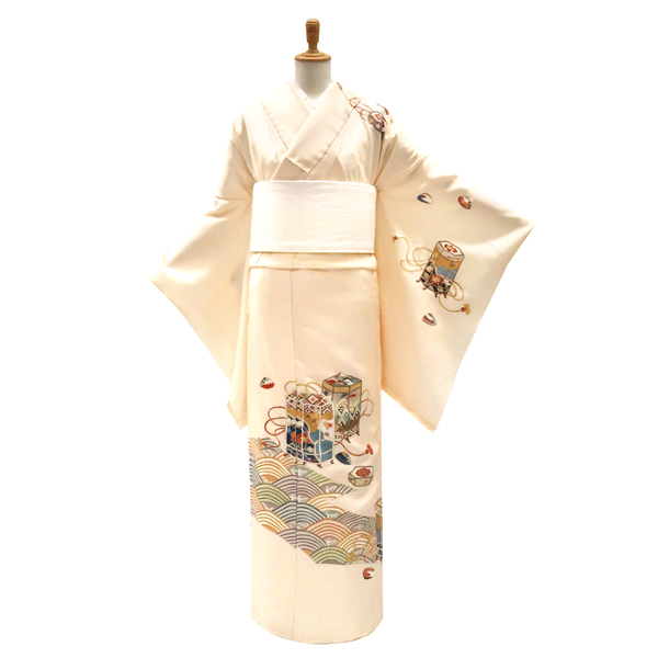 藤理工芸 訪問着 京友禅 正絹 貝桶 貝合わせ 青海波 ベージュ［275,000円］ 枚目