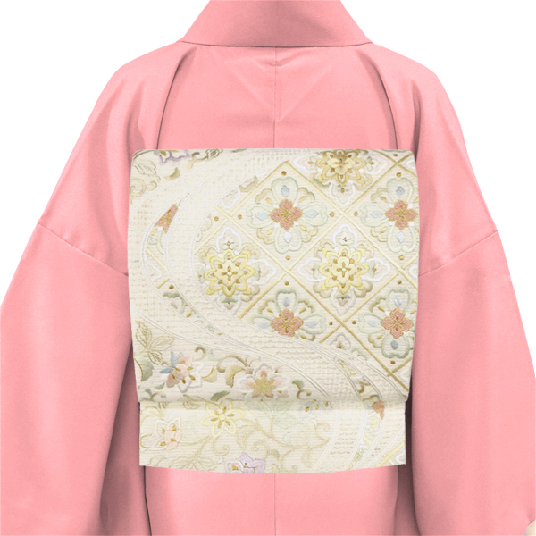 尾峨佐染繍 刺繍袋帯 絹 菱 流水 唐草 白［242,000円］ 枚目
