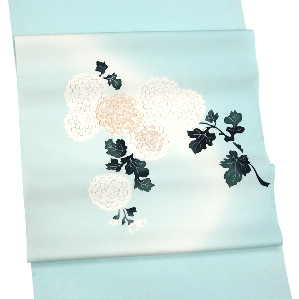塩瀬名古屋帯 京友禅染め 正絹 菊 水色［132,000円］ 枚目