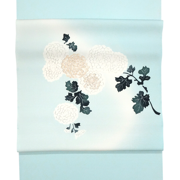塩瀬名古屋帯 京友禅染め 正絹 菊 水色［132,000円］ 枚目