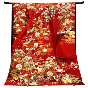 桂由美 関芳 振袖 正絹 御所車 松竹梅 流水 赤［187,000円］