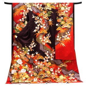 桂由美 関芳 振袖 正絹 御所車 道長取り 松竹梅 四季花 赤 ボルドー［187,000円］