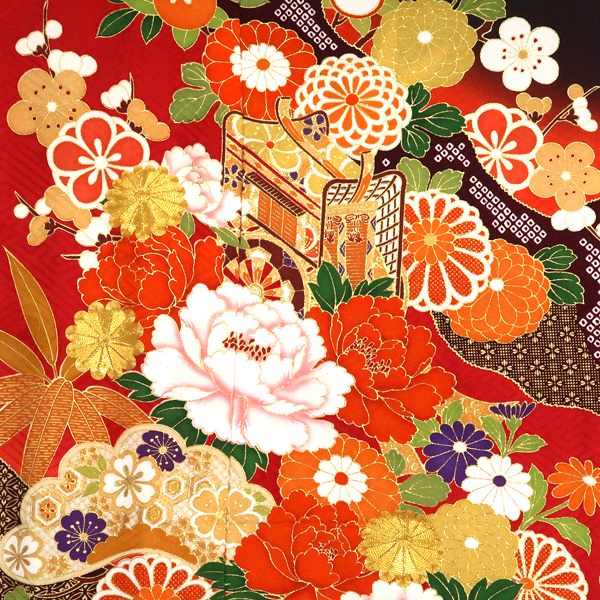 桂由美 関芳 振袖 正絹 御所車 道長取り 松竹梅 四季花 赤 ボルドー［187,000円］ 枚目