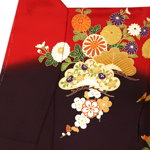 桂由美 関芳 振袖 正絹 御所車 道長取り 松竹梅 四季花 赤 ボルドー［187,000円］ 枚目