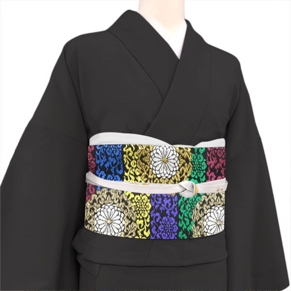 某機屋 袋帯 西陣織 絹 スリーシーズン着用可能 華文 菊 横段 黒色［148,500円］ 枚目