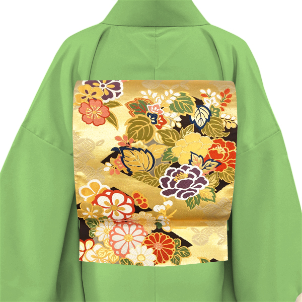 となみ織物 振袖用袋帯 西陣織 絹 松皮菱 四季花 金色［198,000円］ 枚目