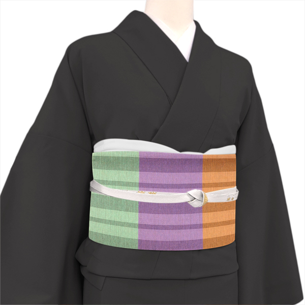 某機屋 洒落袋帯 西陣織 絹 スリーシーズン着用可能 格子 横段 オレンジ 黄緑 紫［150,700円］ 枚目